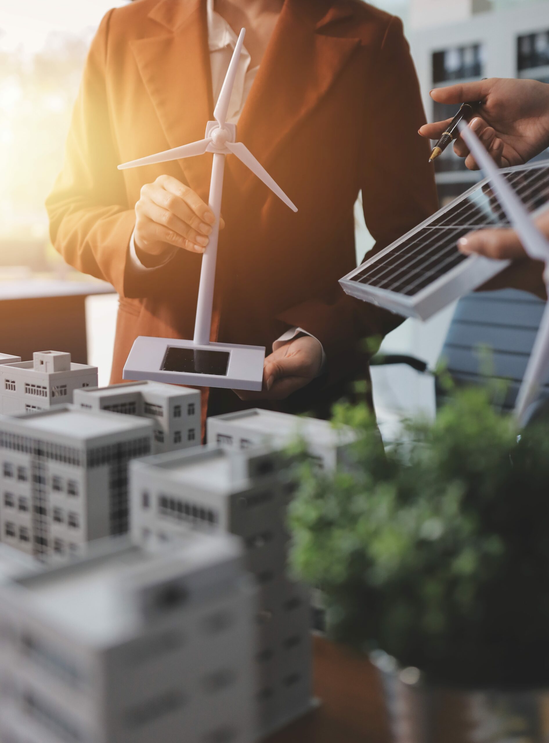 discussion businesspeople latest developments solar cell panel technology solar energy environment city concept